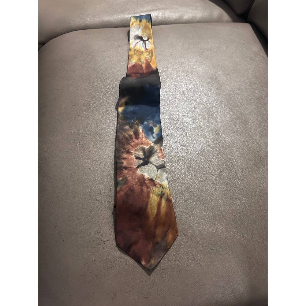 Abstract Tie Dye Silk Necktie Earth Tones Brown Gold Blue Artistic Men Accessory